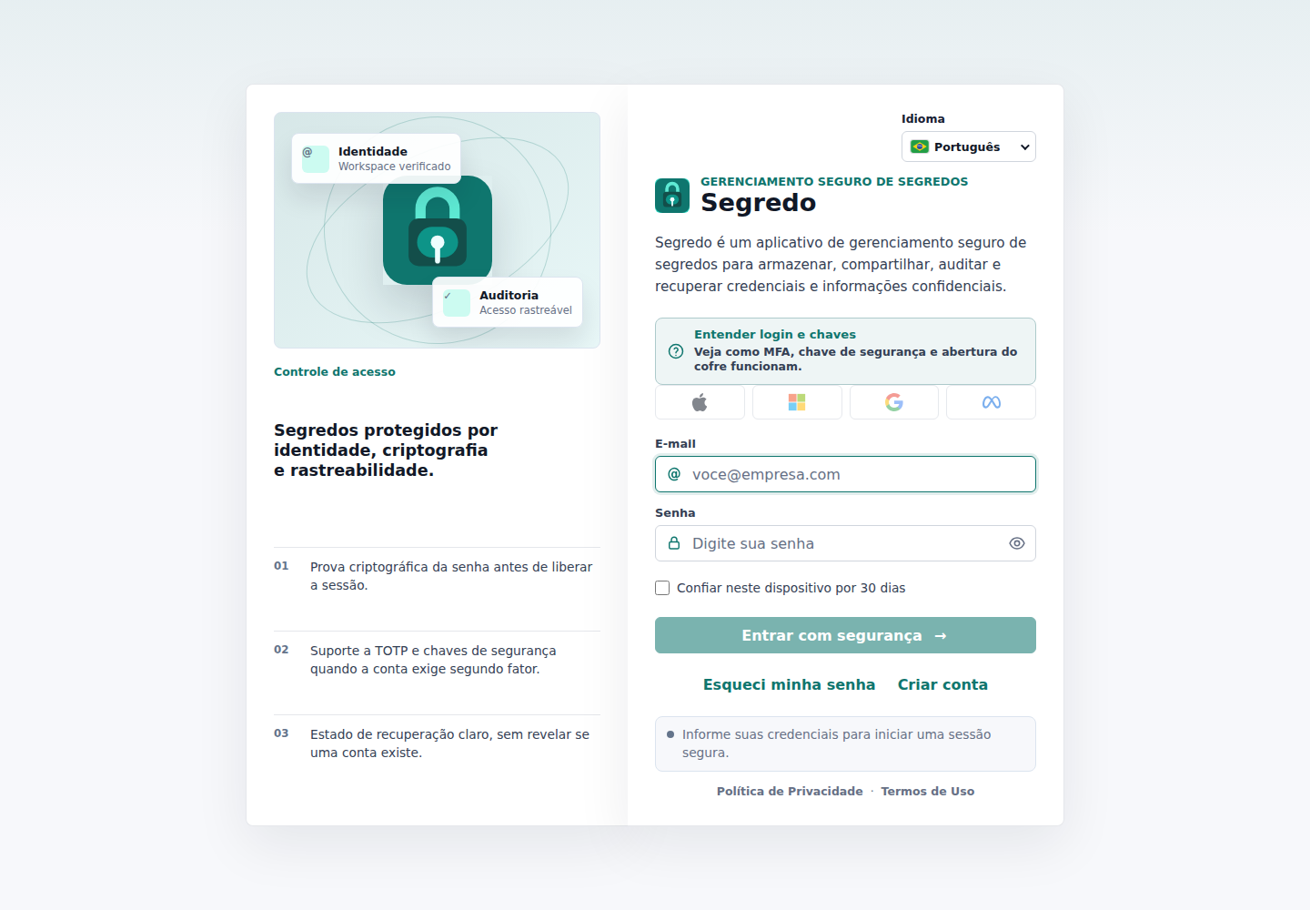Tela de login e cadastro do Segredo com campos de e-mail, senha, criação de conta e ajuda contextual
