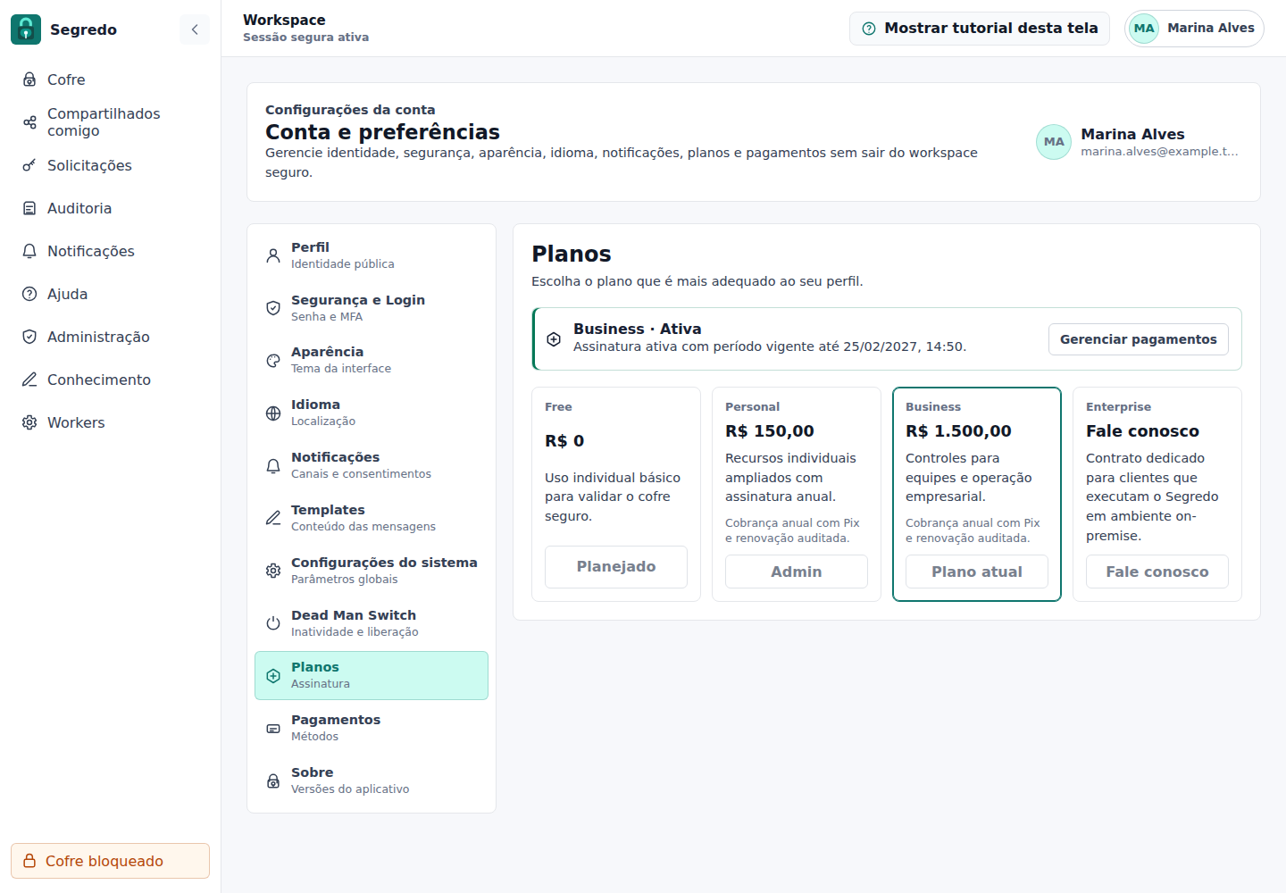 Tela de planos do Segredo comparando Free, Personal, Business e Enterprise