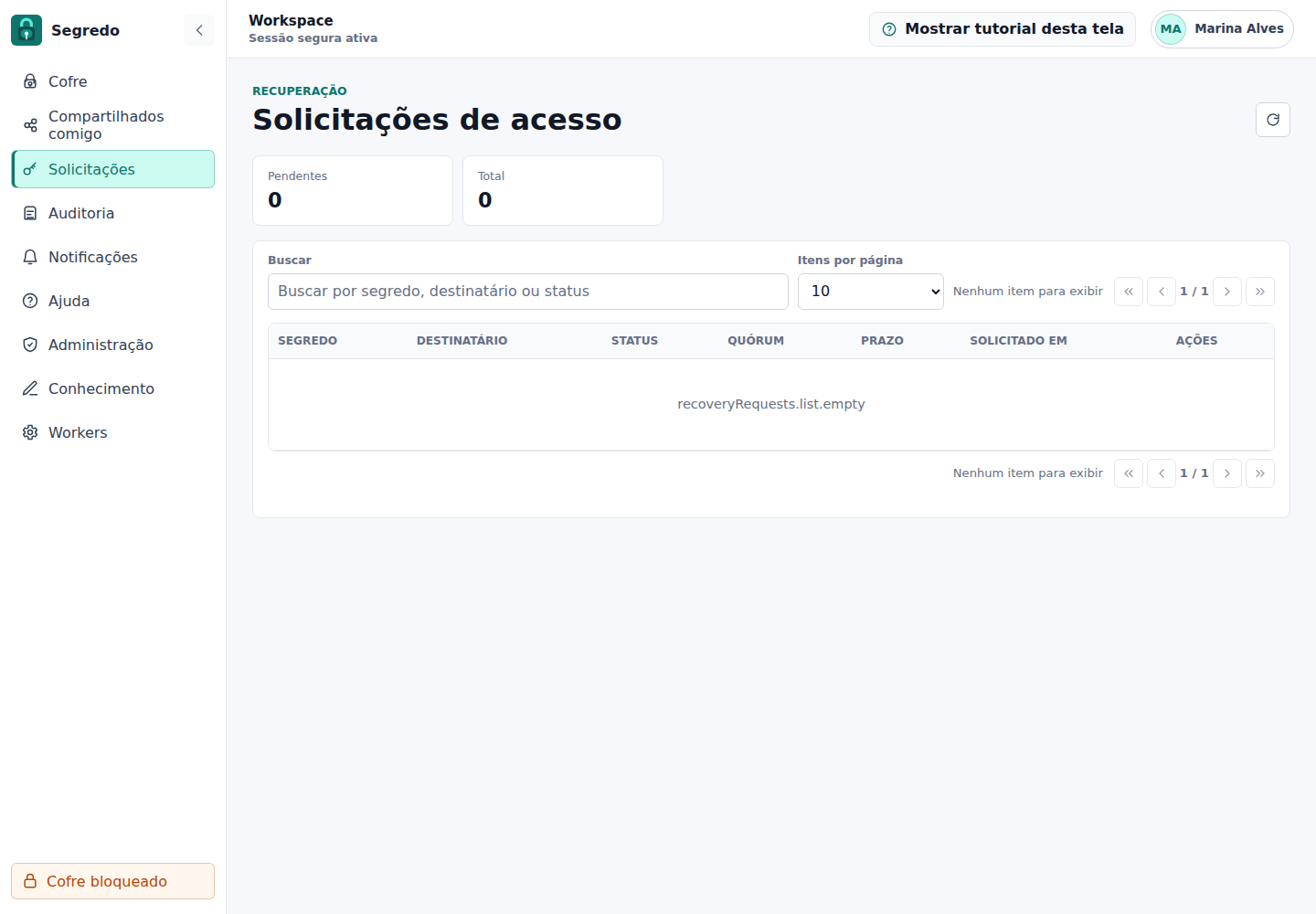 Tela de solicitações de recuperação e herança digital no Segredo